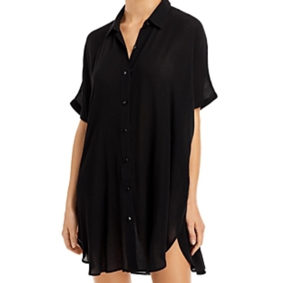 Aqua SWIM BUTTON-DOWN SWIM COVER UP TUNIC - 100% EXCLUSIVE IN BLACK L crinkled - Picture 2 of 6